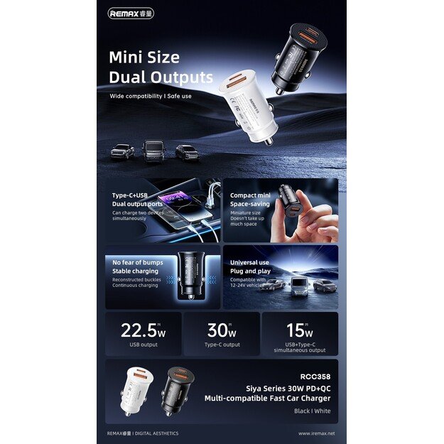 Automobilinis kroviklis Remax RCC358 30W USB-C/USB-A juodas 1