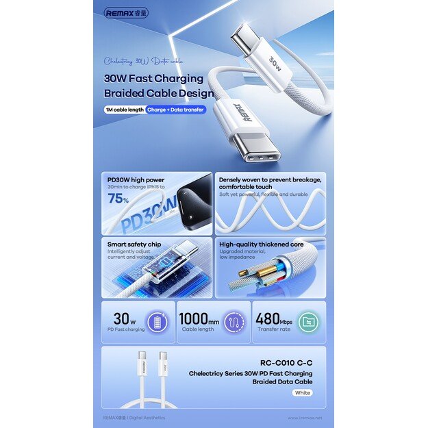 Laidas Remax RC-C010 Type C 30W 1m baltas 1