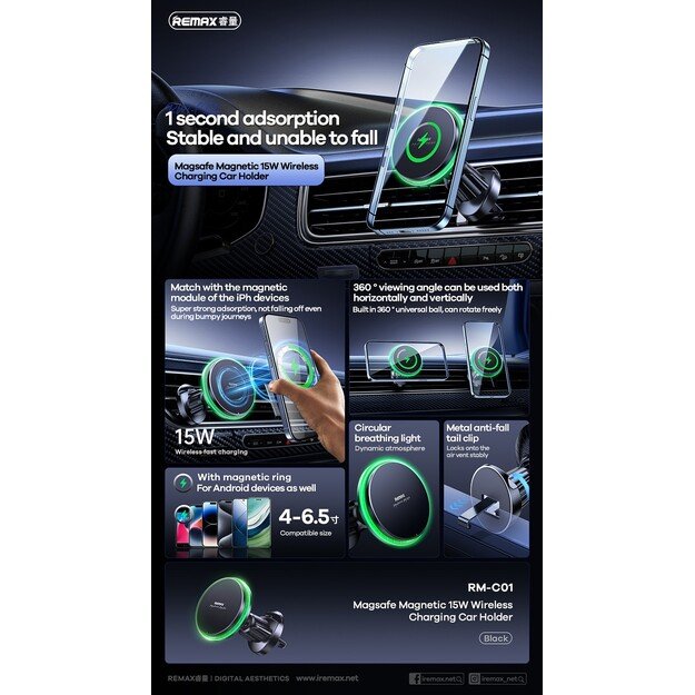 Automobilinis kroviklis laikiklis Remax RM-C01 MagSafe 15W juodas 1